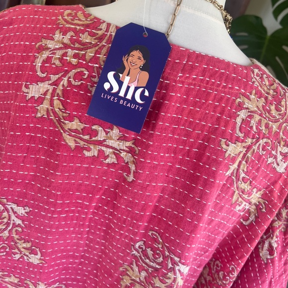 She Lives Beauty Pink Bird Kantha Butterfly Cinch Tie Reversible V-Neck Shirt - Picture 8 of 15